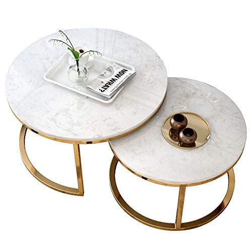 Round Coffee Table Coffee Table Nesting Coffee Table - Round Side Tables Set of 2 Small Coffee Table Nesting Tables Modern Home Decor Marble and Metal Gold and Black