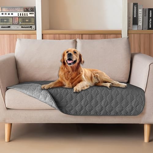 Image of gogobunny 100% Double Sided Waterproof Dog Blanket Soft Pet Bed Cover Reversible Protect Furniture Couch Sofa Car for Puppy Cat Kids (Dark Grey /Light Grey, 32x53 Inch (Pack of 1))