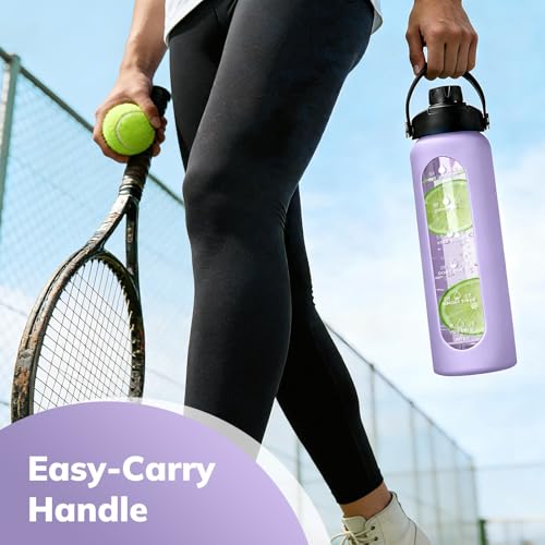 Image of Aqulea 32 oz Glass Water Bottle with 2 Lids - Spout & Straw Lids, 1L Motivational Borosilicate Glass Water Bottle with Time Marker & Silicone Sleeve, Leakproof (Purple)