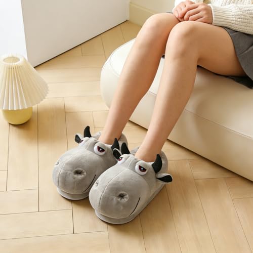 Image of Fluffy Hippo & Elephant Slippers - Oversized Warm House Slippers for Adults | Non-Slip Soft-Sole Indoor Slippers