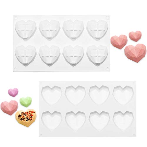 Diamond Heart Cake Mold, 2 Pack Silicone Heart Diamond Shaped Chocolate Mousse Cake Mold Tray for Baking,8 Cavity DIY Mold for Home Kitchen Baking Chocolate Fondant Wedding Engagement Valentines Day