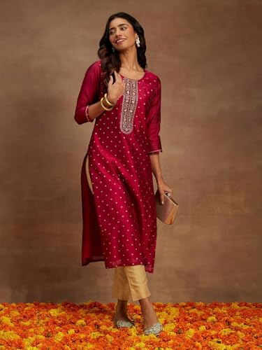 Image of Libas Woven Design Silk Blend Straight Kurta