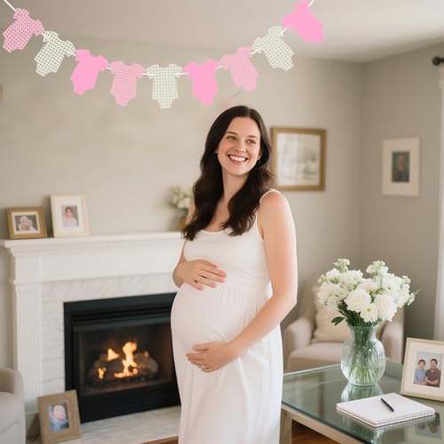 Image of Pre-Strung Pink Gingham Bodysuit Baby Shower Garland Banner - 9 Double-Sided Onesie Cards-Baby Shower Decoration for Girls, Pink Nursery Decor, Newborn Celebration Banner