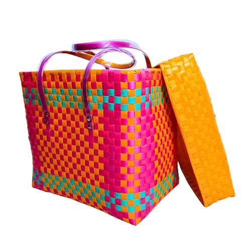 Image of Hand Made Multipurpose Plastic Basket with Lid | Eco-Friendly, Washable, Rust-Free Storage Basket for Kitchen, Picnic, Toys, Travel, Office | Lightweight basket (Orange with yellow, Small)