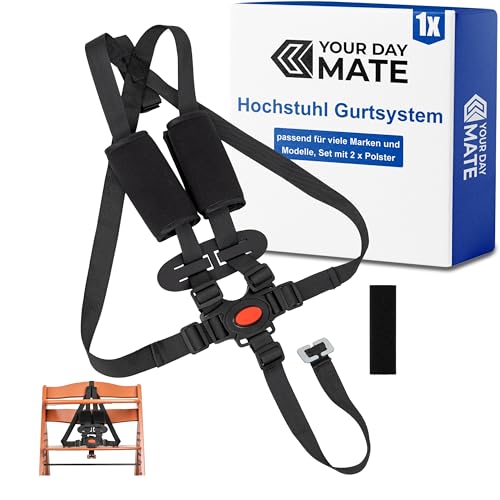 Hochstuhl 5-Punkt Gurtsystem, 1 Set, kompatibel mit Hauck, Stokke Tripp Trapp, Roba, in Schwarz, Hochstuhlgurt mit 2 x Gurtpolster und 1 x Brustclip, verstellbarer Kinderhochstuhl Sicherheitsgurt