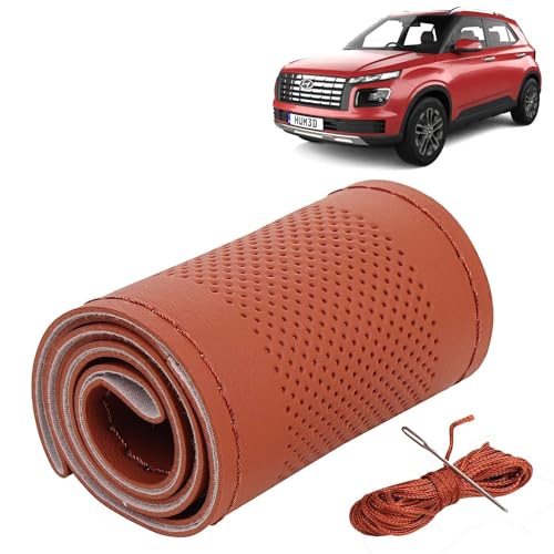 Image of KINGSWAY PU Leatherite Car Steering Cover Sewable Compatible with Hyundai Venue (Year 2022 Onwards), Tan Color with Tan Thread, Pack of 1 with Sewing Needle and Thread