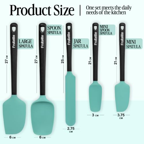 Image of Fruitalite Silicone Spatula Set of 5 Pcs for Baking, Mixing & Cooking | Heat Resistant for Non-Stick Kitchen Cookware | Food Grade BPA-Free Silicone Spatulas with Strong Handle- Aqua Green + Black
