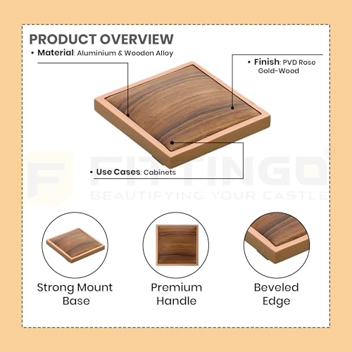 Image of 4 Inch Square Cabinet Handle PVD Rose Gold Wood Finish Aluminium & Wood Pulls for Wardrobe, Kitchen Cabinets, Drawers, Cupboards & Furniture Doors - | Model-1339, Pack of 8 |