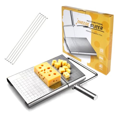 Upgraded Cheese Slicer with Heavy Duty Board & 5 Replacement Wires Adjustable Stainless Steel Cheese Knife Cutter Multipurpose for Block Cheese Butter Sausage Ham Durable Kitchen Gadget