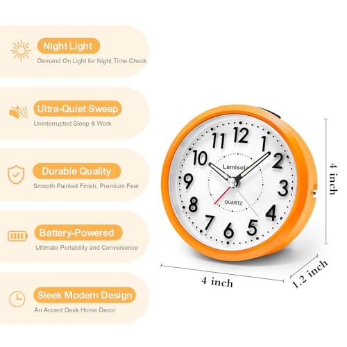 Image of Lamisola 4 Inch Alarm Clock for Bedrooms, Small Analog Desk Clock, Orange | Battery Operated Bedside Clock for Bedroom Bathroom Home Nightstand Shelf, Night Light Snooze, Minimalist Clocks for Seniors