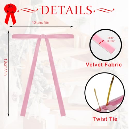 36pcs Pink Velvet Bows,5x7in Pink Christmas Tree Bow,Vintage Velvet Christmas Tree Bow with Twist Ties,Velvet Ribbon Bows,Crafts Bows for Wedding,Gift Wrapping,Christmas Tree,Wreaths, Garlands Décor — photo 2