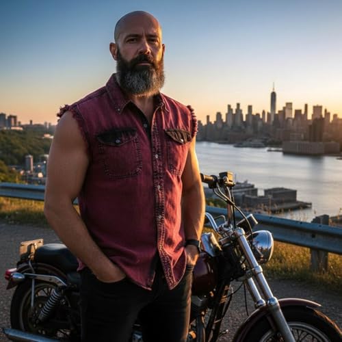 Image of Milwaukee Leather DM4009 Men's Sand Lightweight Denim Shirt with with Frayed Cut Off Sleeveless Look