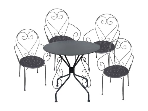 Vente-unique - Salle à Manger de Jardin en métal façon Fer forgé : Une Table et 4 fauteuils empilables - Anthracite - GUERMANTES de MYLIA