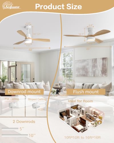 Image of Sofucor 48 Inch Smart Wood Ceiling Fans with Lights, Flush /Downrod Mount | Alexa /App /Remote Control, Quiet Reversible DC Motor, 3CCT Dimmable, Indoor /Covered Outdoor /Bedroom /Living Room, Natural Wood