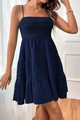 Image of HVEPUO Women Spaghetti Strap Sleeveless Smock Cami Mini Dress Summer Vacation Flowy Boho A Line Swing Short Dresses for Women Party Dark Blue Sundress XL