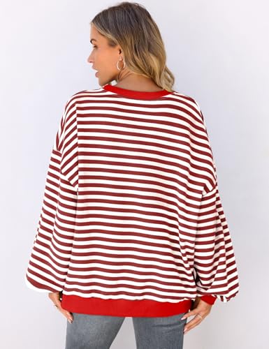 Image of UEU Women Oversized Striped Crewneck Sweatshirt Long Sleeve Color Block Pullover Tops Casual Loose Workout Shirt