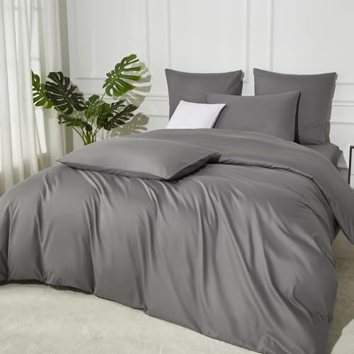DXHOME Ropa de cama de algodón de 155 x 220 cm, gris claro y antracita, liso, lyocell, seda, suave, transpirable, juego de funda nórdica para cama individual con cremallera y 2 fundas de almohada de