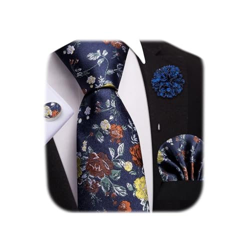 Image of Dubulle Mens Tie and Lapel Pin Paisley Striped Floral Necktie for Men Pocket Square Cufflinks 4PCS Set Wedding Party