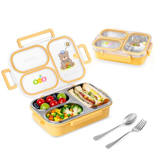 SAYAPE Stainless Steel Bento Lunch Box for Kids, 26.4 oz Leak-Proof 3-Compartment Metal Bento Box, BPA-Free, Cute Cartoon Meal Prep Snack Container...
