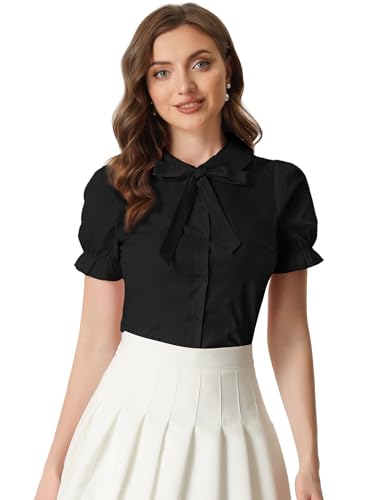 Allegra K Women's Vintage Peter Pan Collar Tie Neck Casual Cute Cotton Button-Up Shirt Medium Black