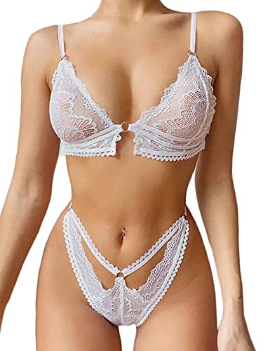 Kaei&Shi Sexy Bra and Panty Sets,Triangle Sheer Bralette Scalloped Floral Lace Lingerie for Women,Matching Cutout Thong Two Piece Lingerie Set Wedding Bridal Honeymoon White Large