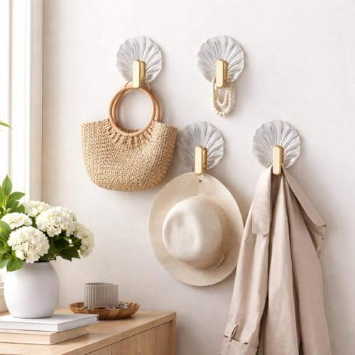 Image of Wall Hooks Self Adhesive Heavy Duty (Pack of 1) | Transparent Decorative Shell Hooks | No Drill Waterproof Sticky Hanger for Bathroom Kitchen Keys Towels Home Organizer (6)