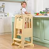 WINGYZ Toddler Tower – Adjustable Step Stool Helper for Kids 18M–6Y, Kitchen Learning Stool with Safety Rail, 3-Height Adjustable, Sliding Door, Full Support Foot, Wooden Updated Design, Natural Wood