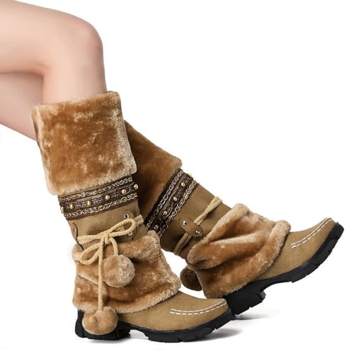 SACFOF Mid Calf Boots for Women,Winter Lace Up Pompoms Platform Anti-Slip Furry Snow Boots Fur Lined Keep Warm Knight Boots2