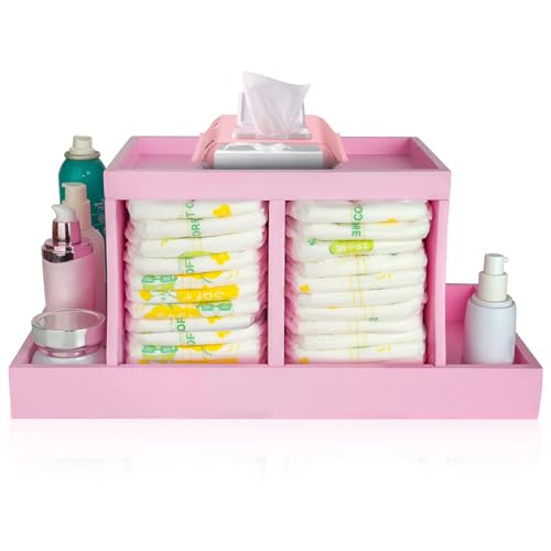 Image of Busidhji Diaper Caddy Organizer, Changing Table Organizer, Wooden Diaper Organizer for Nursery, Baby Diaper Storage Organizer with Removable Dividers (Pink, Rectangular Size)