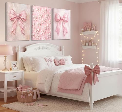 Image of 3Pcs Pink Bow Canvas Wall Art Vintage Trendy Cute Preppy Watercolor Bow Painting Pictures Wall Decor Posters Prints Girly Aesthetic for College Apartment Bedroom Decoration