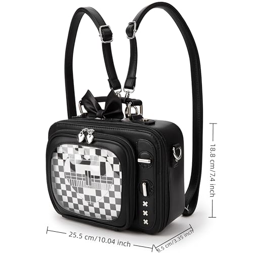 Image of Women TV Shape Gothic Ita Bag Shoulder Bag Halloween Backpack Fun female Clear Window Anime Pins Display Purse (ALL BLACK)