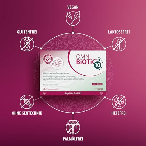 OMNi BiOTiC 10 | Antibiotikum? Darmflora ergänzen | Empfehlenswert ab dem ersten Tag einer Antibiotika-Therapie | Pulver | Zur täglichen Anwendung | Mit Inulin | Vegan | Glutenfrei | 30 Portionen
