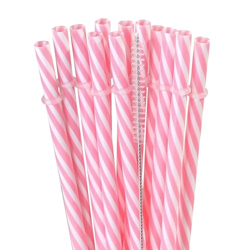 Dakoufish 12 Piece 9 Inch Reusable Plastic Thick Drinking Straws BPA Free Mason Jar Straws transparent small Stripe (9inch Pink)