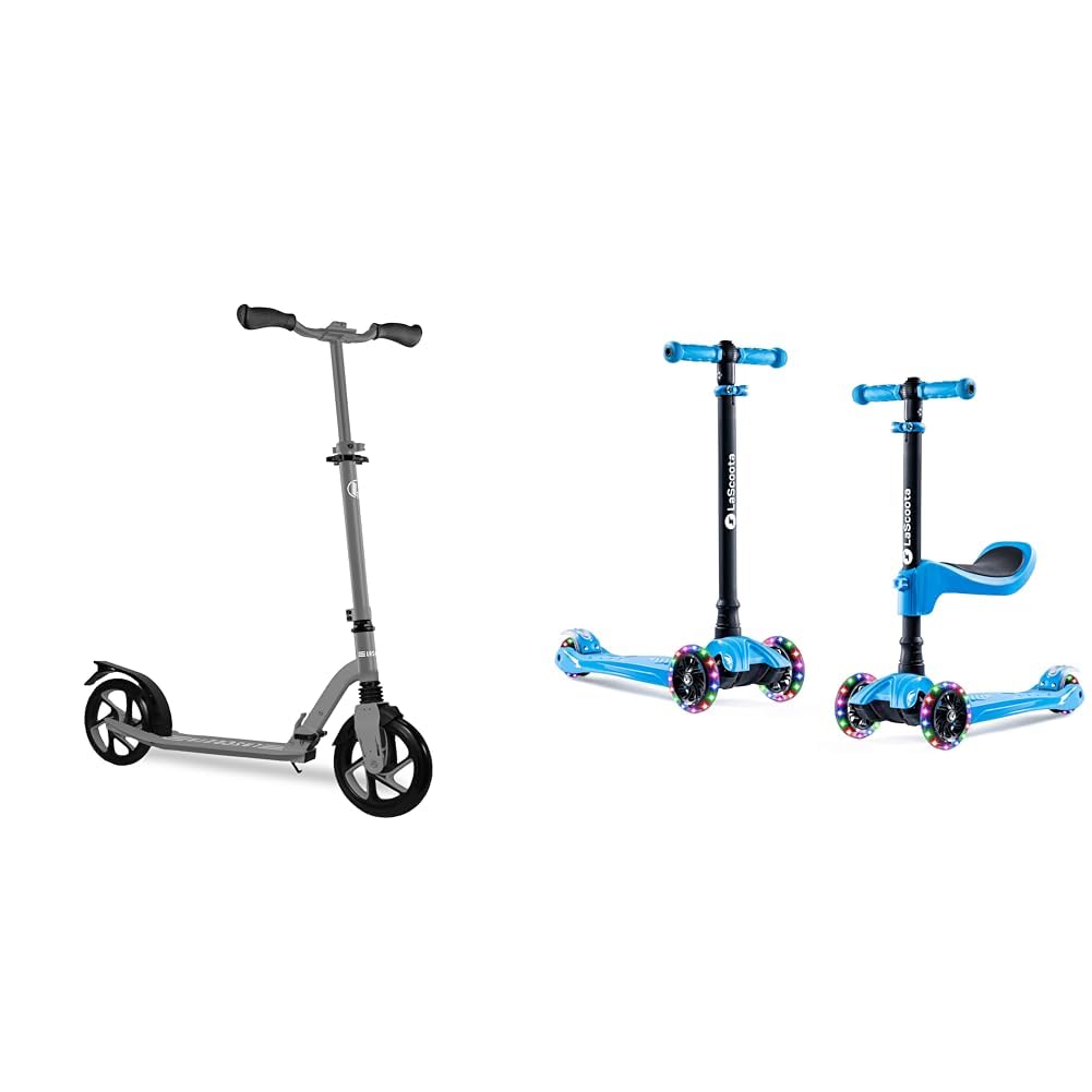 LaScoota Kick Scooter for Kids Ages 6+, Teens & Adults, Large 8" Sturdy Urethane Wheels. Adjustable Handlebar, Lightweight, Foldable, 220lbs Max Load