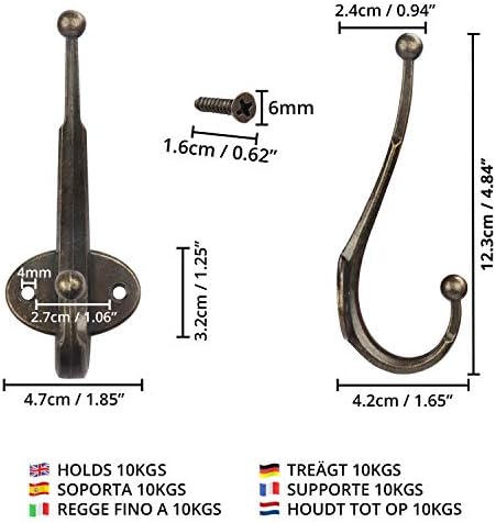 BELLE VOUS Antique Brass Cast Zinc Wall Mounted Coat and Hat Hooks with Screws (10 Pack) - Double Heavy Duty Metal Vintage/Rustic Hanger Hooks for Bags, Garage, Bedroom, School, Kitchen & Utility
