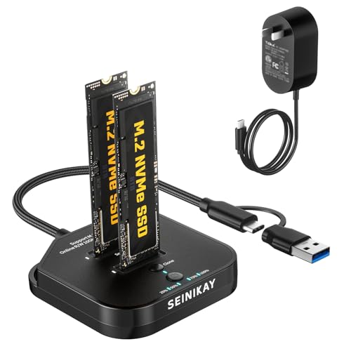 SEINIKAY Dual Bay NVMe Cloner Duplicator with C to C-A Cable USB-C 3.2 GEN2 16Gbps Offline Clone M.2 PCIe NVMe SSD Reader Docking Station Adapter Tool-Free 5V 3A Power