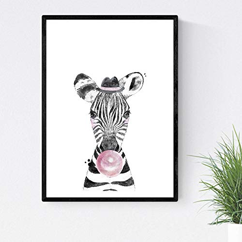 Nacnic Lámina infantil Cebra infantil comiendo chicle Poster animales infantiles Tamaño A3 Sin marco