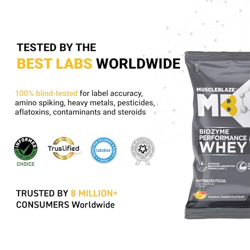 Image of MuscleBlaze Biozyme Performance Whey Protein Powder, 5 Sachet Travel Pack, Magical Mango, 180g (5x36g) | 25g Protein Per Sachet | Clinically Tested 50% Higher Protein Absorption