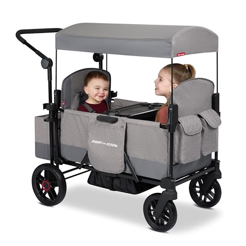 Radio Flyer Pathfinder 2-Seat Stroller Wagon for Kids 6+ Months Compact Fold UV Canopy Snack Tray & Storage Cup Holders All-Terrain Tires Seats Convert to Flatbed Stroller Wagon for Kids