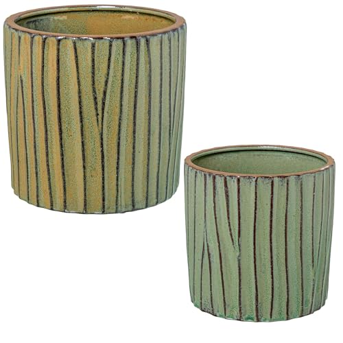 DRW Set of 2 Ceramic Flower Pots with Stripes Painted Green 18 x 18 x 18 cm 18 x 18 cm