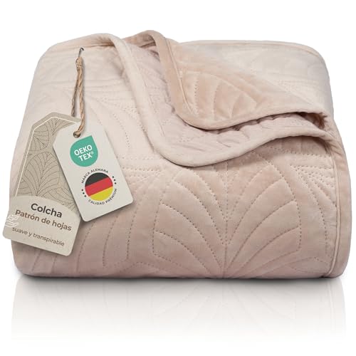 Gräfenstayn Colcha bouti 170x210 cm – cubrecama Acolchado sin Costuras con diseño de Hojas – Manta Decorativa Moderna para Cama o sofá – antirrugas y fácil de cuidar (Beige)