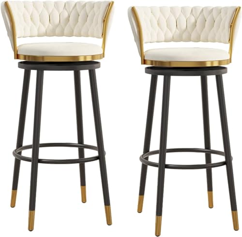 Juego de 2 taburetes de bar giratorios de 75 cm de altura de mostrador con respaldo curvado de terciopelo y reposapiés, asiento moderno para el hogar, bar e isla de cocina, patas de metal blancas y