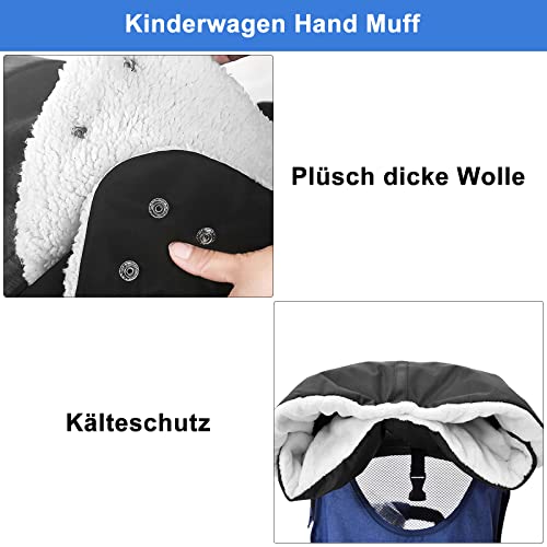 Kinderwagen Handwärmer, TNSLAND Kinderwagen Handschuhe Handmuff mit Fleece Innenseite,Kinderwagenmuff Atmungsaktiv Wasserfest Winddicht, Universalgröße für Kinderwagen Buggy,Radanhänger, Schwarz