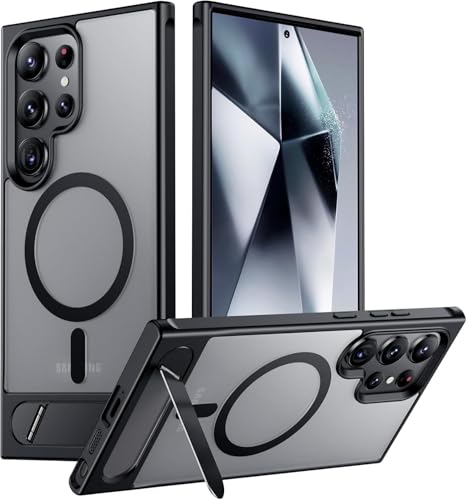 Image of Elzzi Magnetic Cover Compatible for Samsung S25 Ultra 5g Case with Adjustable Metal Kickstand, Compatible with Mag-Safe Translucent Matte Shockproof Protective Phone Case, Black