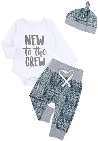 Newborn Baby Boy Girl Clothes New to The Crew Romper+Pants+Hat Outfits Set