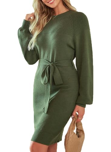 Dokotoo Womens 2025 Fall Sweater Dress Crewneck Long Sleeve Empire Waist Ribbed Knit Mini Dress with Belt