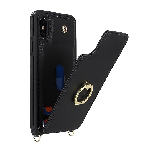 Image of for iPhone Xs Max Case with Card Holder and Strap for Women,Crossbody Lanyard,Kickstand Ring Stand,Snap Clasp,Phone Wallet Cases 6.5 inch(Black)