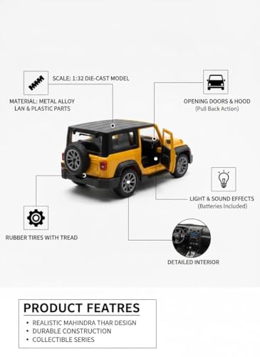 Image of Amisha Gift Gallery Thar Diecast Metal Toy Car for Kids, Yellow, 1:32 Scale | Pull Back Action, Openable Doors, Mini Jeep SUV Model Vehicle, Lights & Sound, Collectible