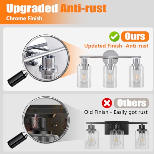Image of DLLT 3-Light Bathroom Light Fixtures: Chrome Modern Vanity Lights with 3 E26 Bulbs - Clear Glass Shade Bathroom Wall Lamp for Mirror Kitchen Living Room Hallway Cabinet Porch
