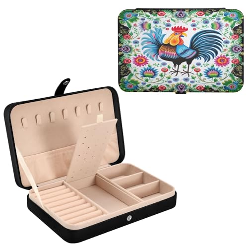 Haskirky Floral Rooster Jewelry Box Portable PU Leather Travel Jewelry Organize for Women Jewelry Storage Display Holder for Ring, Necklace, Earring